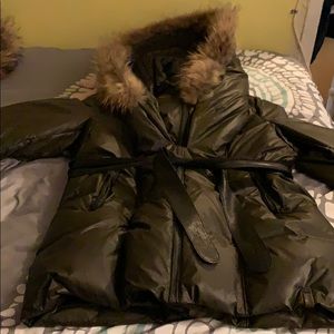 Green Coat with fur hood and leather belt